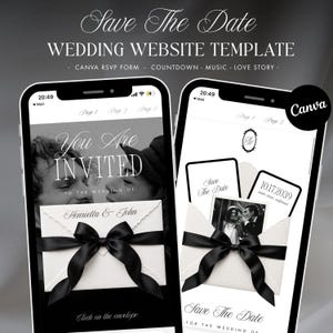 May include: Two smartphones displaying a wedding website template with the text Save The Date, Wedding Website Template, You Are Invited, Henrietta & John, and 10.17.2039. The screens feature black and white photos of couples and envelopes with black ribbons.