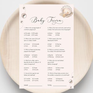 Juego de trivia para bebé Perla – Juego de baby shower de conchas marinas en la playa – Actividad imprimible para baby shower, plantilla editable, descarga instantánea