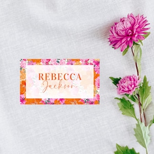 Carte de visite pour mariage rose orange clair délavé - modèle de marque-places jardin d'été - marque-place pour mariage motif floral DIY, modifiable à imprimer