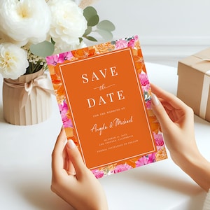 Pink Orange Wedding Save the Date - Blooming Summer Garden - Watercolor Floral Save the Date Invite - Editable Printable Digital Template