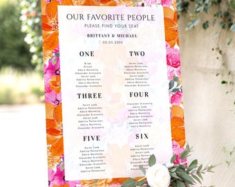 Floral Wedding Seating Chart Sign – Light Pink Orange Watercolor Garden (Digital Download)