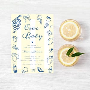 Ciao Baby Lemon Baby Shower Invitation, Printable Blue Yellow Italian Theme Baby Shower Template, Editable Colors Templett, Instant Download