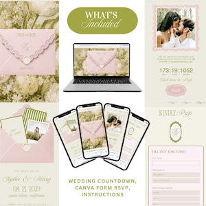 May include: A digital wedding invitation suite template featuring a pink envelope with lace trim, a laptop, and smartphones displaying a countdown, photo gallery, and RSVP form. Text includes "WHAT'S INCLUDED", "KINDLY RSVP", and "WEDDING COUNTDOWN".