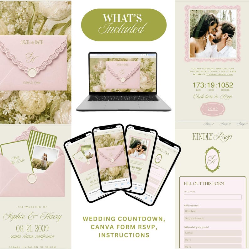 May include: A digital wedding invitation suite template featuring a pink envelope with lace trim, a laptop, and smartphones displaying a countdown, photo gallery, and RSVP form. Text includes "WHAT'S INCLUDED", "KINDLY RSVP", and "WEDDING COUNTDOWN".