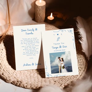 Whimsical Double-Sided Wedding Thank You Card – Custom Photo & Message Card – Editable Color Script Templett Printable, Hand Drawn Template