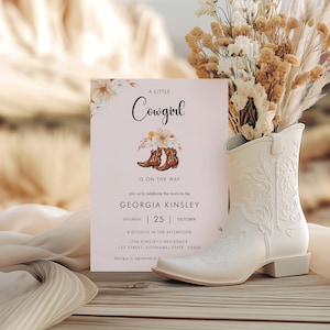 Pink Cowgirl Baby Shower Invitation – Western Rodeo Theme, Editable Digital Template, Floral Country Themed Girl Shower Template