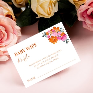 Roze oranje babydoekjes loterij babyshower spelbijsluiter kaart - digitale babydoekjes loterij kaart - bewerkbare babyshower kaart, Instant Download