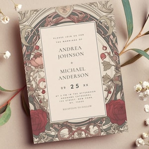 DIY Vintage Art Hochzeitseinladung - Bearbeitbare druckbare Blumen-Burgund-Hochzeitseinladung - Digitale Jugendstil-Hochzeitseinladungsvorlage
