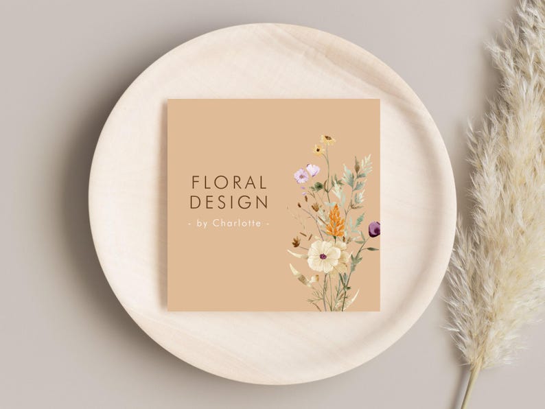 Tarjeta de presentación cuadrada editable de diseñador - Plantilla de tarjeta de presentación DIY con flores silvestres en acuarela - Tarjeta de presentación con diseño floral imprimible digitalmente imagen 1