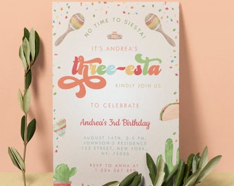 Mexican Fiesta 3rd Birthday Invite, Retro Groovy, Colorful Kid's Birthday Invitation, Arizona Texas Bday Party Invite, Digital Template