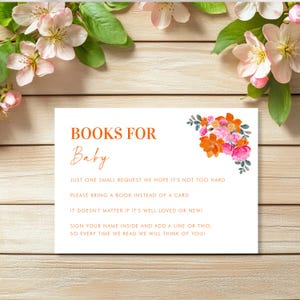 Roze oranje bloemenboeken voor baby Babyshower Behuizingskaart - digitale boekaanvraagkaart - bewerkbare babyshowerkaart, direct downloaden