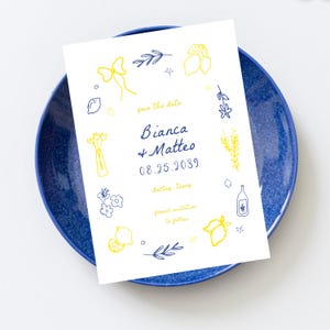 Handgezeichnete Zitronen-Rahmen Save the Date - Bearbeitbare wunderliche italienische Hochzeitsansage - Mediterrane italienische Save the Date einladen Vorlage