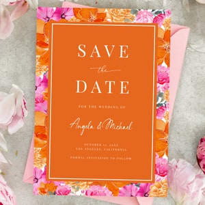 Rosa Orange Hochzeit Save the Date - Blühender Sommergarten - Aquarell Blumen Save the Date einladen - bearbeitbare druckbare digitale Vorlage