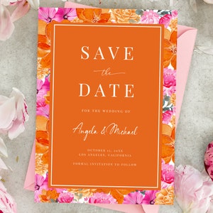 Pink Orange Wedding Save the Date Blooming Summer Garden Watercolor Floral Save the Date Invite Editable Printable Digital Template image 1