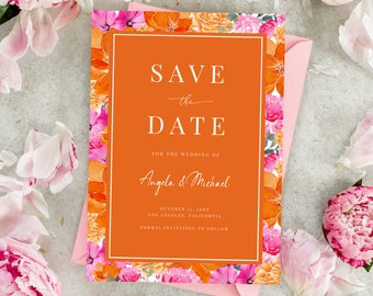 Pink Orange Wedding Save the Date - Blooming Summer Garden - Watercolor Floral Save the Date Invite - Editable Printable Digital Template