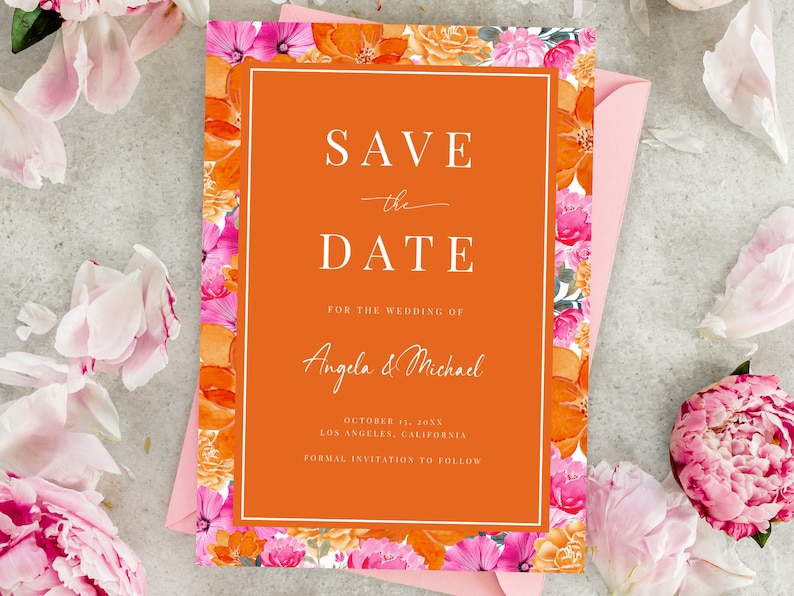 Pink Orange Wedding Save the Date Blooming Summer Garden Watercolor Floral Save the Date Invite Editable Printable Digital Template image 1