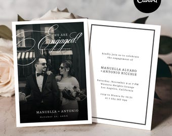 Black & White Engagement Party Invitation Template, Classic Modern Canva Editable Photo Invite, We Are Engaged Announcement