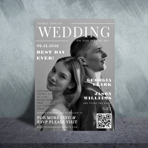 Digitale Schwarzweiß-Magazin-Cover-Hochzeitseinladung - DIY Einzigartiges Foto-Magazin-Hochzeitseinladung - Bearbeitbare Magazin-Hochzeitsvorlage