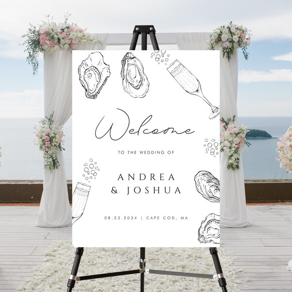 Digital Champagne Oysters Wedding Welcome Sign - DIY Hand Drawn Oysters Wedding Sign - White 18x24 Wedding Sign Template, EDITABLE PRINTABLE