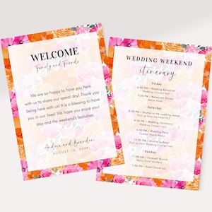 Carte d'événements week-end floral rose orange pâle - modèle d'itinéraire de mariage jardin d'été - modèle de week-end numérique modifiable imprimable