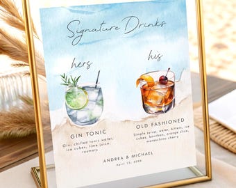 Ocean Beach Hochzeit Bar Menü-Schild: Signature Drinks Vorlage (Digitaler Download)