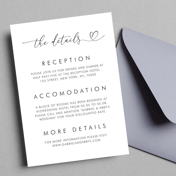 Heart Script Wedding Details Minimalist White Enclosure Card, Romantic Delicate Calligraphy, Plain Clean Layout Modern Information Card