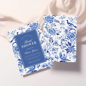 Invitación para despedida de soltera estilo chinoiserie asiático vintage azul: elegante invitación floral inspirada en porcelana, plantilla editable, descarga digital