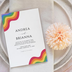 Invito a nozze LGBTQ arcobaleno digitale - Modello di matrimonio modificabile per lesbiche Gay Pride - Codice QR tutto in uno Invito a nozze LGBT Pride