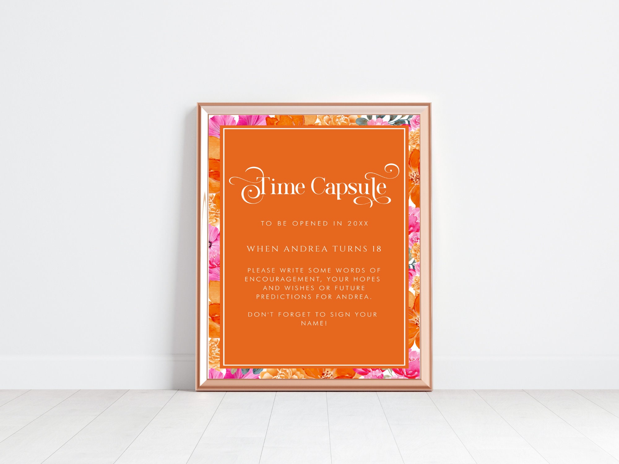 Editable Pink &amp; Orange Baby Shower Time Capsule Poster - Digital Floral ...