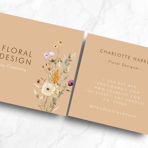 Tarjeta de presentación cuadrada editable de diseñador - Plantilla de tarjeta de presentación DIY con flores silvestres en acuarela - Tarjeta de presentación con diseño floral imprimible digitalmente imagen 2