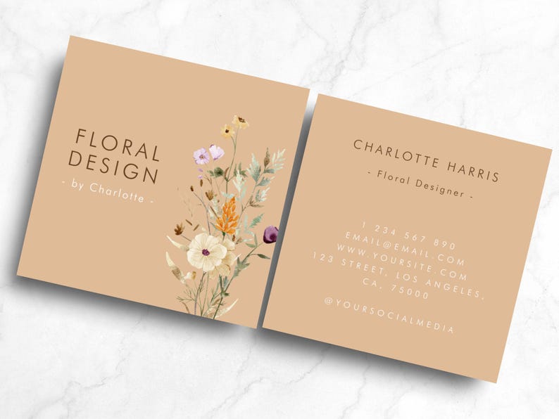 Tarjeta de presentación cuadrada editable de diseñador - Plantilla de tarjeta de presentación DIY con flores silvestres en acuarela - Tarjeta de presentación con diseño floral imprimible digitalmente imagen 2