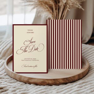 Burgundy Stripes Save the Date, Old Money Wedding Save the Date Template, Elegant Wedding Announcement, Editable Canva