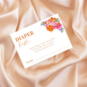Tarjeta de juego para baby shower de niña con sorteo de pañales en color rosa y naranja - Tarjeta editable e imprimible para baby shower con sorteo de pañales, descarga instantánea