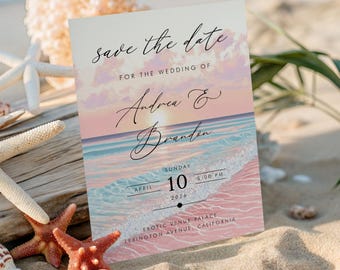 Invito di matrimonio a tema tramonto sulla spiaggia / Annuncio di nozze tropicale (5x7, modificabile)