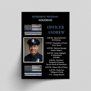 Police Officer Retirement Party Program: American Flag Photo Schedule Invite (5x7 Printable Canva Template)