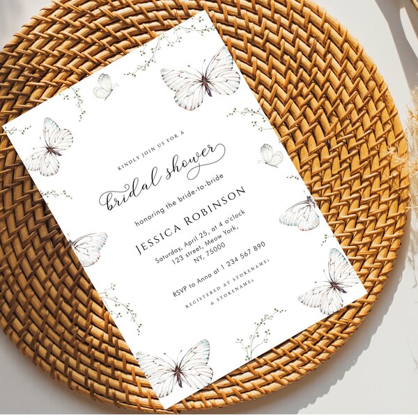 Digital Butterfly Bridal Shower Invitation | Delicate White Butterfly Garden Bridal Shower Invite | DIY Bridal Shower Invitation Template