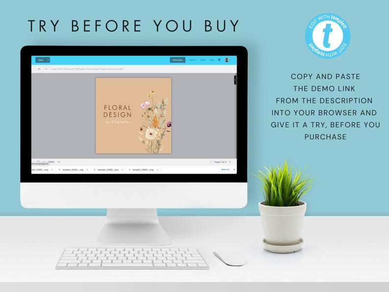 Tarjeta de presentación cuadrada editable de diseñador - Plantilla de tarjeta de presentación DIY con flores silvestres en acuarela - Tarjeta de presentación con diseño floral imprimible digitalmente imagen 5