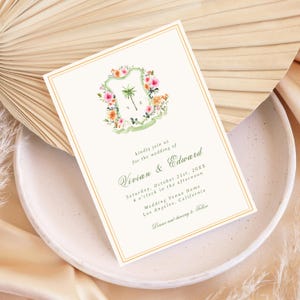Digital Palm Tree Monogram Wedding Invitation- Editable Double Sided Custom Photo Wedding Invite, Summer Ocean Tropical Beach Crest Wedding