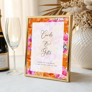 Póster de tarjetas y regalos en tonos rosa y naranja claro descolorido (8 x 10), letrero floral para bodas, plantilla de póster de jardín de verano, señalización imprimible y editable.