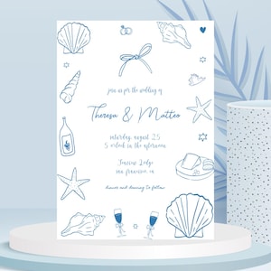 Nautical Coastal Wedding Invitation - Whimsical Fun Hand Drawn Wedding Invite - Editable Colors Shells Wedding Template, Instant Download