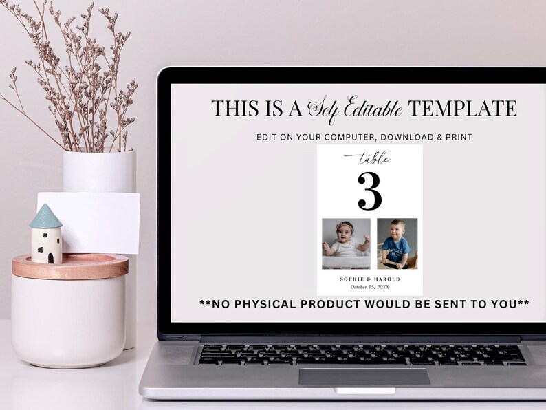 K&ouml;nnte beinhalten: Ein Laptop zeigt eine digitale Vorlage f&uuml;r eine Hochzeitstisch-Nummer. Das Design zeigt die Zahl 3, zwei kleine Fotos und die Namen Sophie & Harold. Der Text lautet: "THIS IS A Self Editable TEMPLATE".