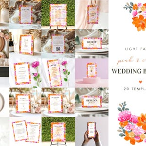 Peut inclure: Un ensemble de vingt modèles de papeterie de mariage présentant un motif de bordure florale rose et orange légèrement délavé. Le lot comprend diverses cartes telles que des menus, des numéros de table, des remerciements et des panneaux d'accueil.