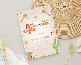 Colorful Groovy Fiesta 3rd Birthday Gender Neutral Invitation | Digital Mexican Third Birthday Invite | DIY Editable Threesta Birthday Party