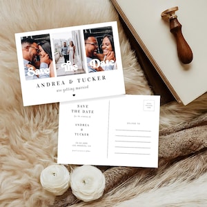 Retro Script 3-Photo Save the Date Postkarte - Bearbeitbare Hochzeitscollagenvorlage, druckbarer Vintage-Stil, Sofort-Download Templett