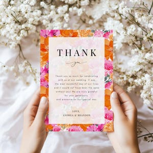 Tarjeta de agradecimiento con un toque de rosa y naranja, plantilla floral, nota de agradecimiento para un jardín de verano, plantilla editable e imprimible.