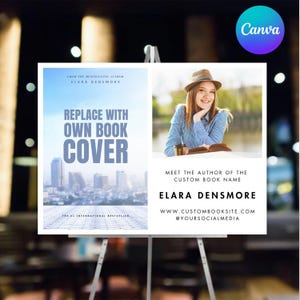 May include: A promotional display featuring a book cover design and author information. The left side displays a book cover mockup with the text "REPLACE WITH OWN BOOK COVER" over a cityscape. The right side shows a photo of the author, Elara Densmore, with contact details.