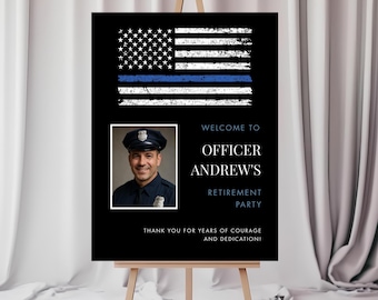 Cartel para la fiesta de jubilación de un oficial de policía: Póster con foto de la bandera estadounidense (plantilla imprimible de Canva de 18x24 pulgadas)