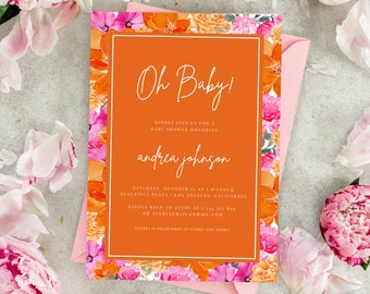 Oh Baby Pink Orange Vibrant Floral Baby Shower Invitation | Floral Design Joyful Celebration | Oh Baby Announcement Baby Shower Invite