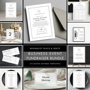 May include: A collection of minimalist black and white business event and fundraiser templates. Includes invitations, table numbers, raffle tickets, silent auction sheets, event programs, and thank you cards. The text includes "Annual Business Charity Ball" and "Silent Auction".