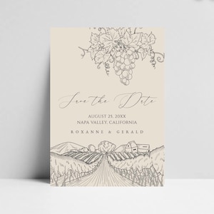 Weingut Weinberg Save the Date - Handgezeichnete Hochzeitseinladung - Bearbeitbare rustikale Weinland Save the Date Vorlage, Sofort Download